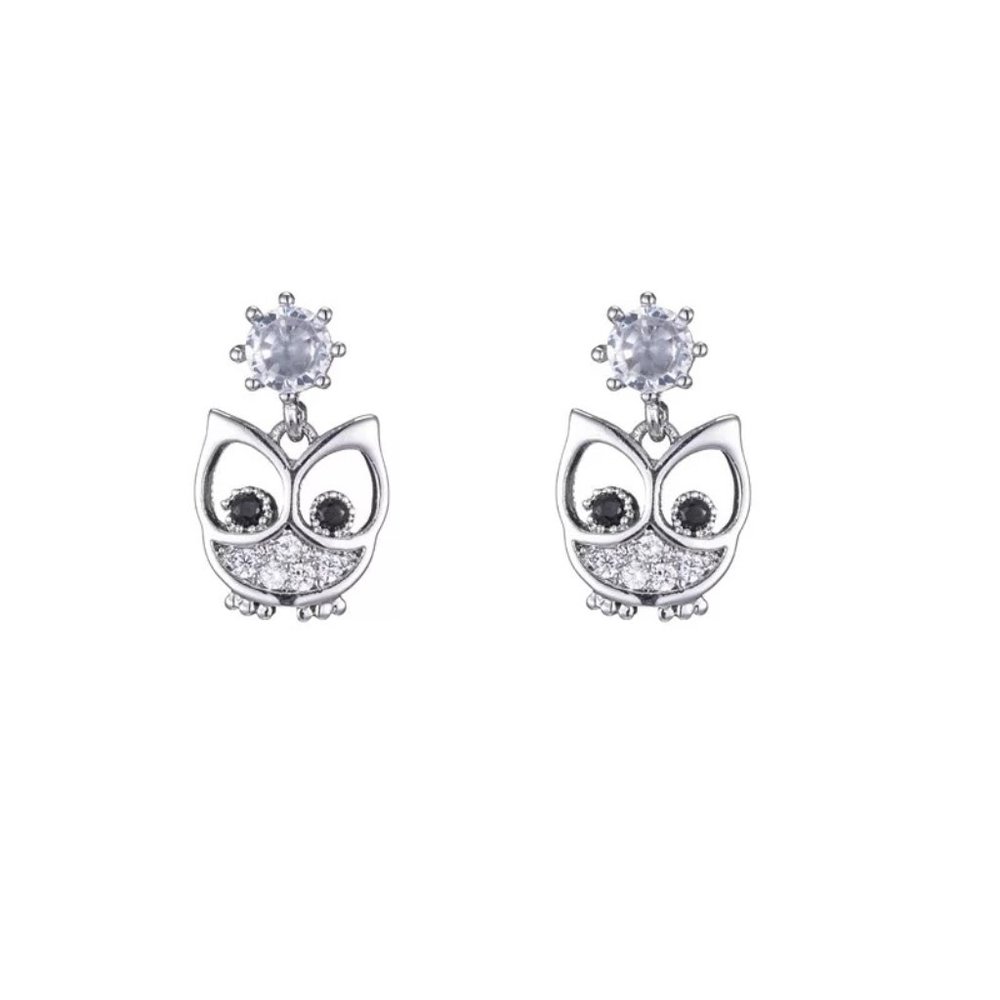 14k Gold Adorable Diamond Owl Earrings Sterling Silver